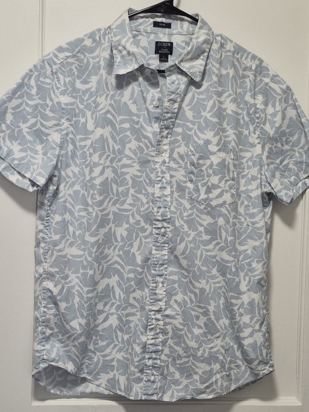 J. Crew Light Blue and White Short-Sleeve Leaf-Print Button-Down Shirt